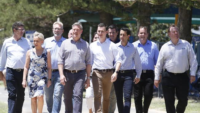 Queensland LNP leader Tim Nicholls, on the Gold Coast with LNP MPs and candidates. (AAP Image/Regi Varghese)