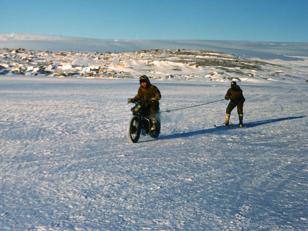 Bill Kellas on the 350cc Velocette towing George Cresswell on skis. Picture: Rob Merrick