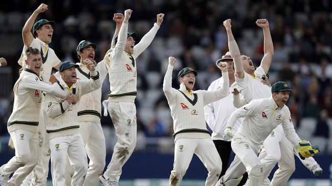 The Australian team celebrates retaining the Ashes in 2019. Picture: Getty Images