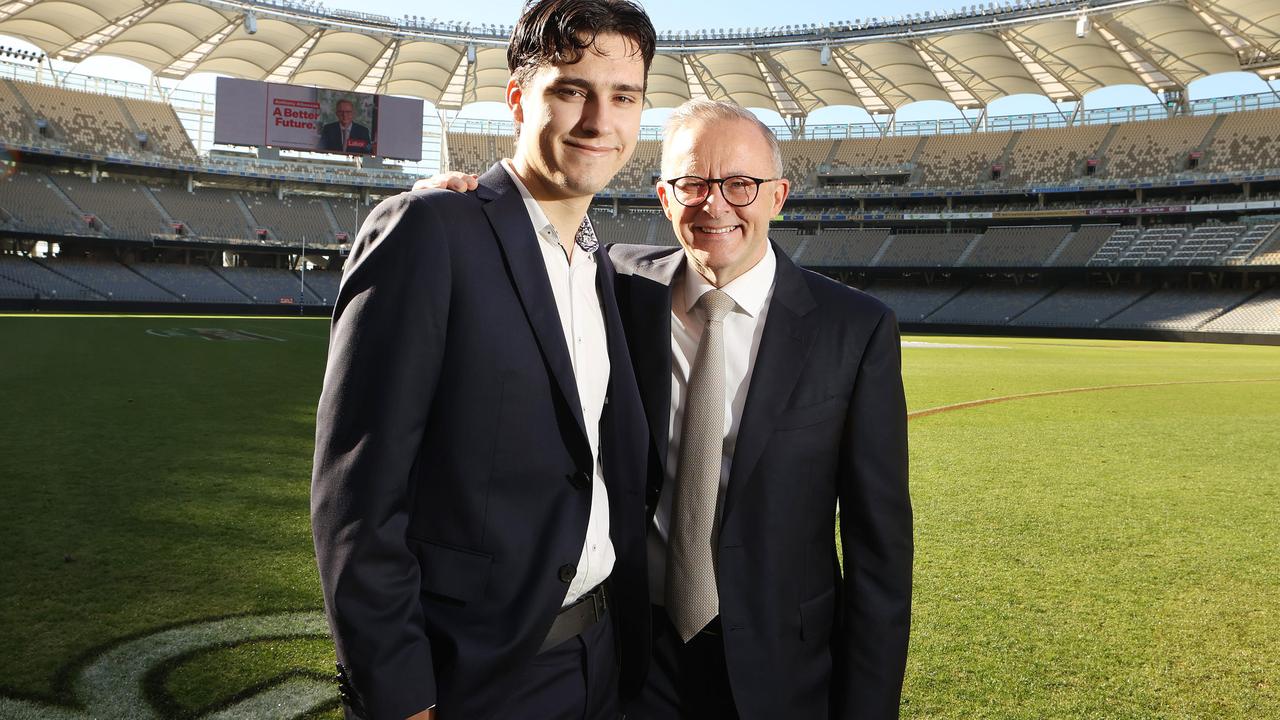 Labor leader Anthony Albanese with his son Nathan preparing for the Labor Party launch at Optus Stadium in Perth WA. Picture: Liam Kidston.