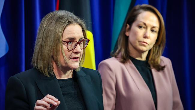 Attorney-General Jaclyn Symes looks on as Premier Jacinta Allan answers questions into allegations of criminal conduct by CFMEU officials. Picture: NewsWire/Ian Currie