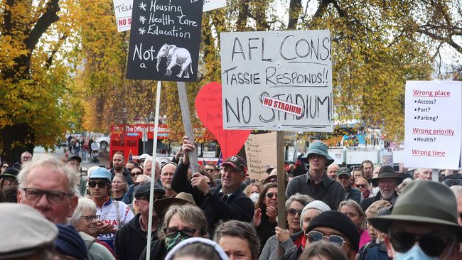 Thousands gathered last weekend at a Stop the Stadium rally on Hobart’s parliament lawns. Picture: Nikki Davis-Jones