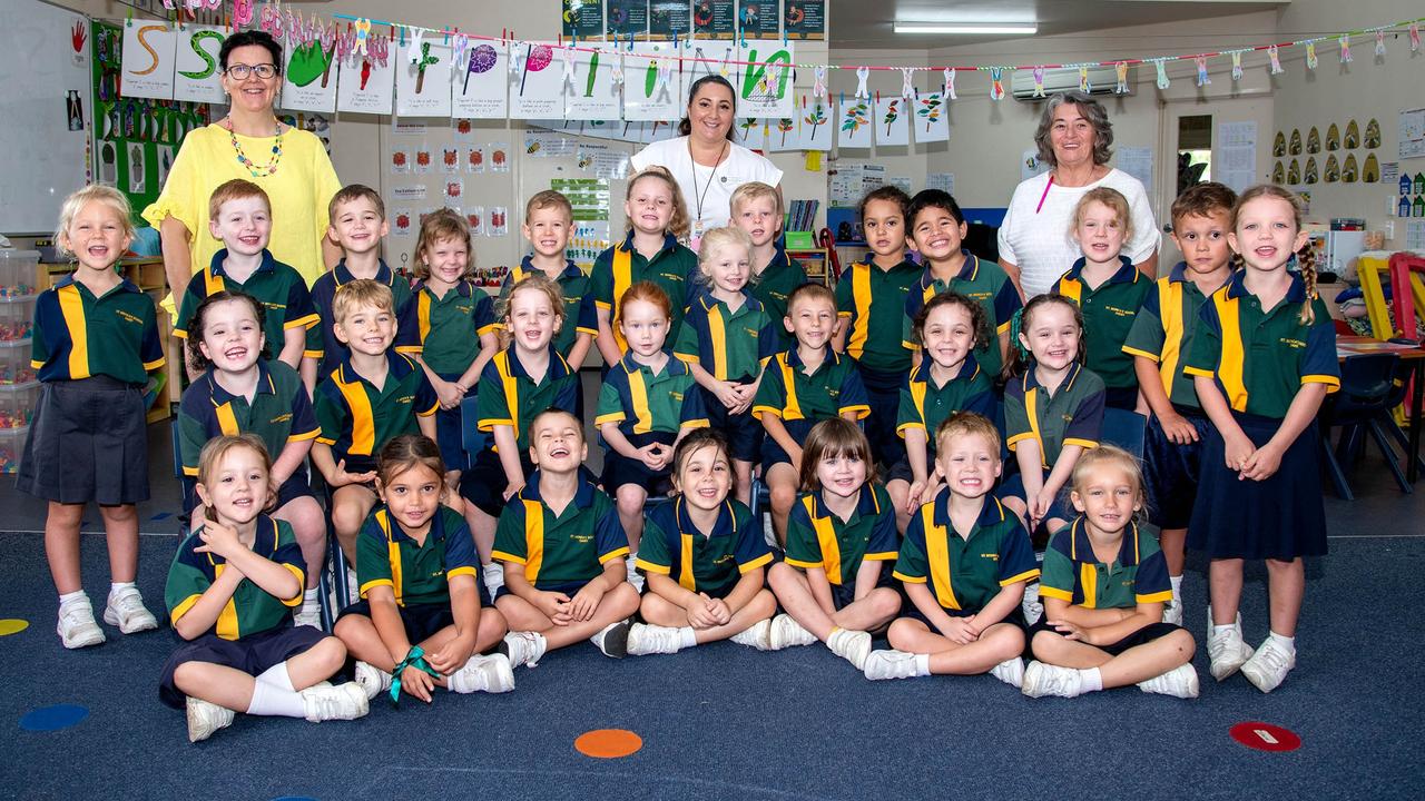 MY FIRST YEAR 2024: St Monica's School, Oakey Prep (back, from left) Arlie, Alex, Mrs Byers, James, Olivia, Ty, Evanna, Mrs Hoffman, Warren, Ariana, Jackson, Mrs Tyrie, Poppy, Lucas, Alecia, (middle row, from left) Harlynn, Ryan, Elara, Scarlett, Elijah, Evie, Octavia and (front row, from left) Charlotte, Willow, Carter, Isabella, Lilith, Hugo and Brynlee, February 2024. Picture: Bev Lacey