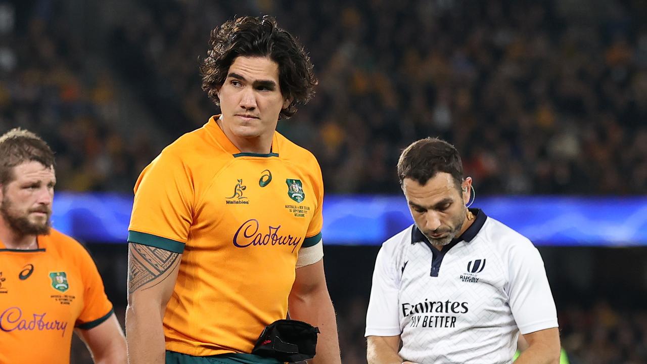 MELBOURNE, AUSTRALIA - SEPTEMBER 15: Darcy Swain of the Wallabies leaves the field after receiving a yellow card during The Rugby Championship &amp; Bledisloe Cup match between the Australia Wallabies and the New Zealand All Blacks at Marvel Stadium on September 15, 2022 in Melbourne, Australia. (Photo by Cameron Spencer/Getty Images)