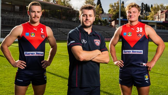 North Hobart coach Clinton French with the co-captains Hugh Williams and Jack Sandric. Picture: Richard Jupe