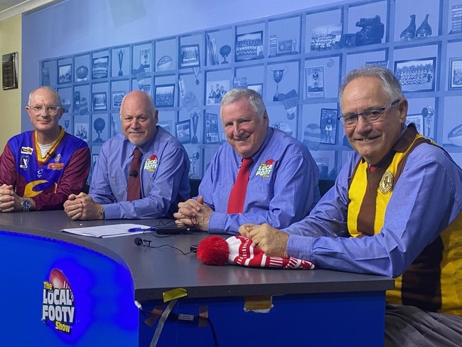 L-R: Kevin Murphy, Steve McCarthy, Daryl Pitman and Ian Bennett on the desk of The Local Footy Show. Picture: Paul Amy