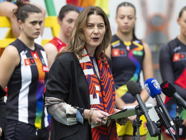 Emma Moore speaks at the AFLW Pride Round launch in October.