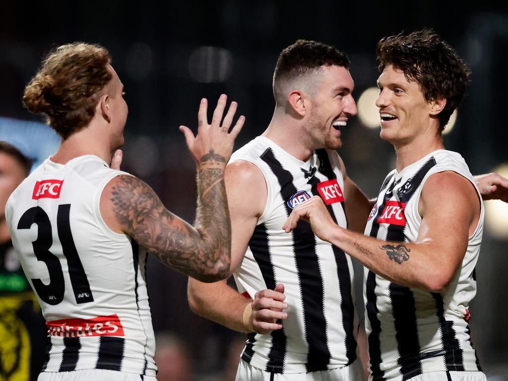 Daniel McStay (centre) booted two goals and was impressive as the second ruckman as he combined with Tim Membrey (four goals) and Brody Mihocek (right, three goals). Picture: Dylan Burns / Getty Images