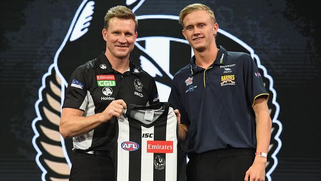 Nathan Buckley with prized pick Jaidyn Stephenson. Picture: Getty