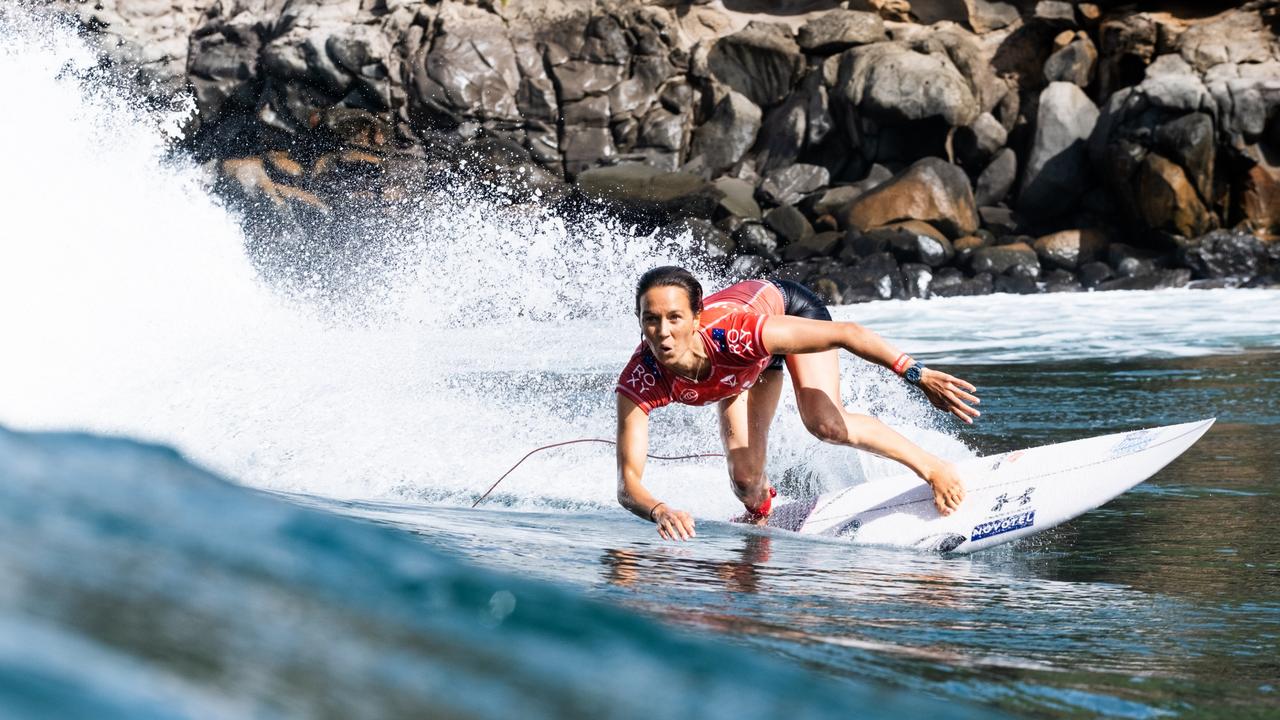 Sally Fitzgibbons is waiting to surf her semi-final heat against Tyler Wright. (Photo by Keoki Saguibo/World Surf League via Getty Images)