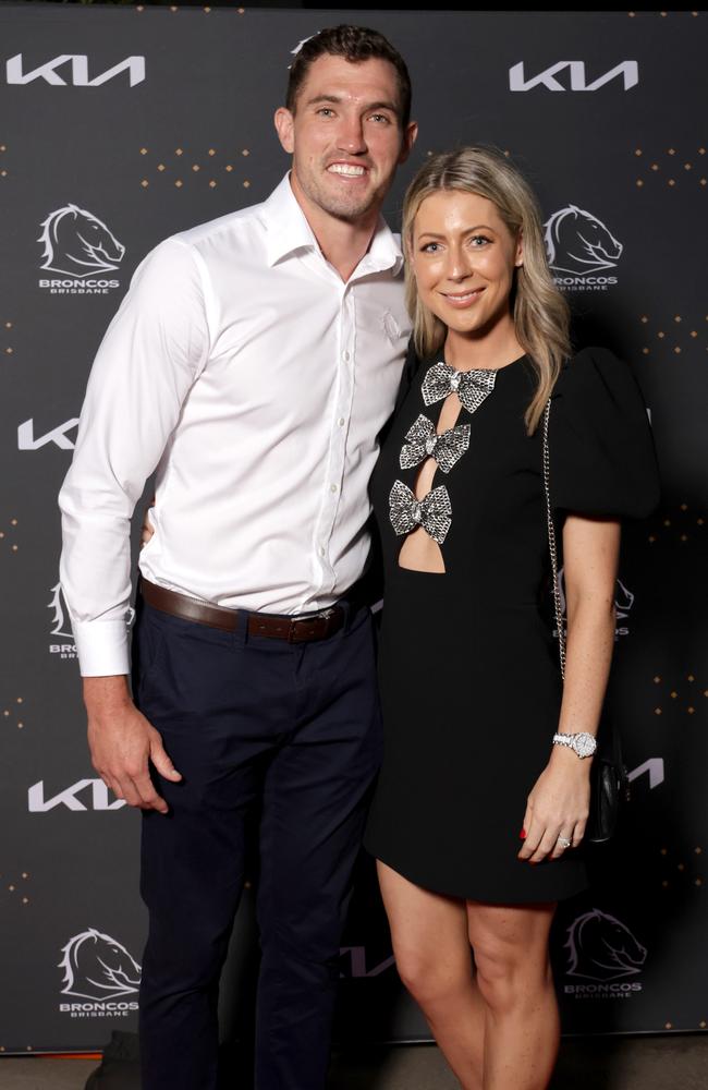 Corey Oates with wife Tegan at the Brisbane Broncos Season launch in Feb. Picture: Steve Pohlner