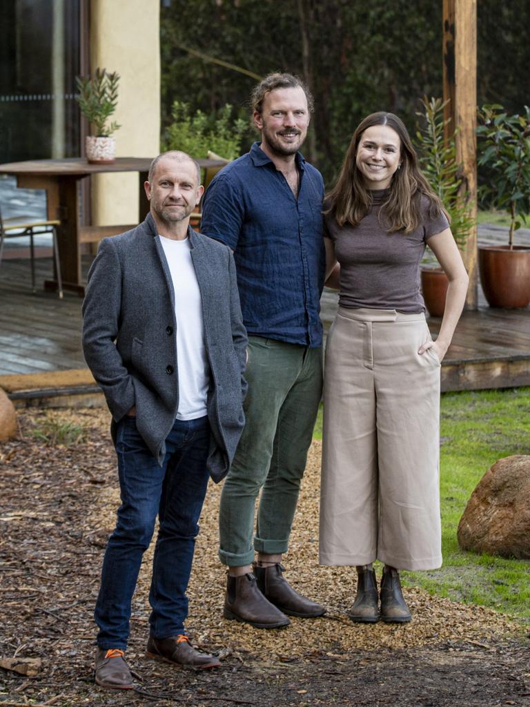 Grand Designs Australia host Anthony Burke with homeowners Dan Rawlins and Chloe Meyer. Picture: Brad Harris