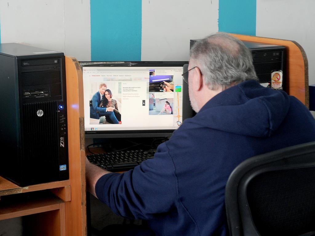 Thomas Markle was ‘spotted’ reading up on Prince Harry and his daughter at an internet cafe near his home in Rosarito, Mexico. He’s since reportedly admitted the photos were staged. Picture: Jeff Rayner/Coleman-Rayner