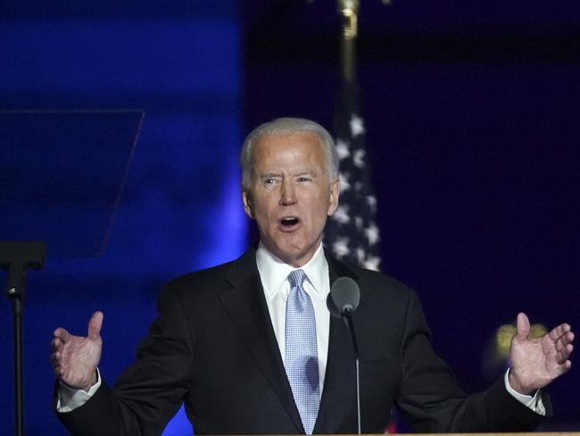 Joe Biden delivers his victory speech after winning the US presidency. Picture: Getty