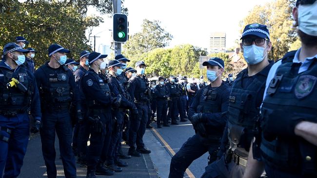 Police officers and Riot Squad officers were called in to disperse protesters at Victoria Park. Picture: NCA NewsWire/Bianca De Marchi