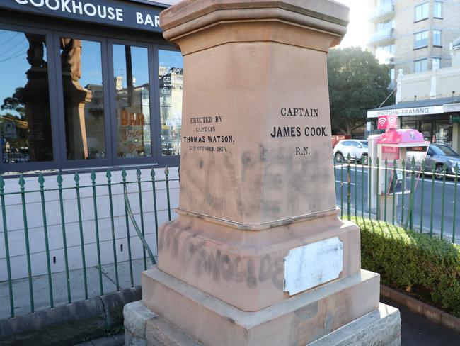 The words ‘sovereignty’ and ‘no pride in genocide’ could still be seen on the statue. Picture Rohan Kelly.