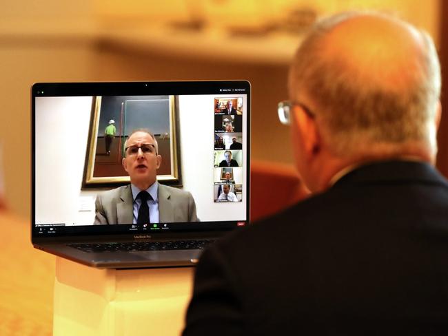 Scott Morrison’s Zoom call with the Music Industry this morning (18.6.20). PM Scott Morrison talking to the Arts Minister Paul Fletcher chairing the meeting.  Shot 18/06/2020, , PIC: Adam Taylor/PMO