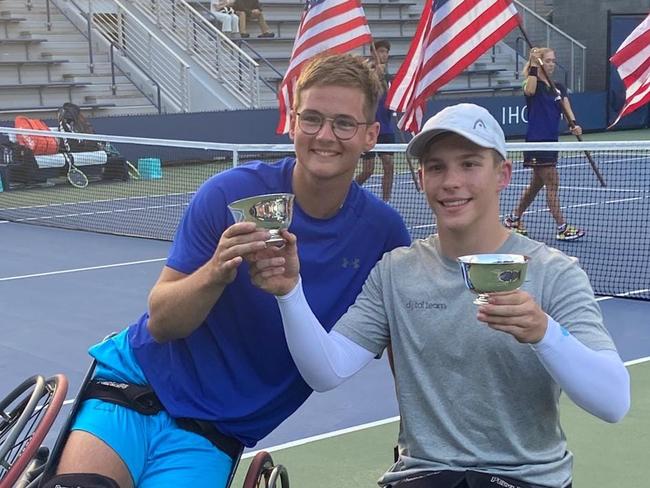 Australian tennis champion Ben Wenzel won the boys' 2024 wheelchair doubles US Open title with Dutch partner Ivar Van Rijt. Picture: Supplied