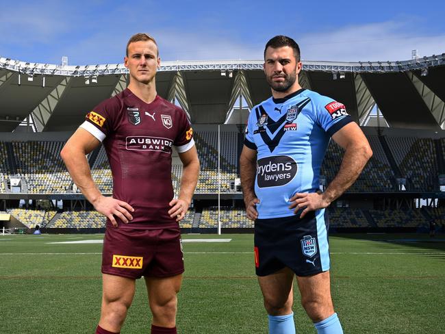 Maroons skipper Daly Cherry-Evansd and Blues skipper James Tedesco at Queensland Country Bank Stadium. Picture: GRANT TROUVILLEThis image has been digitally altered.