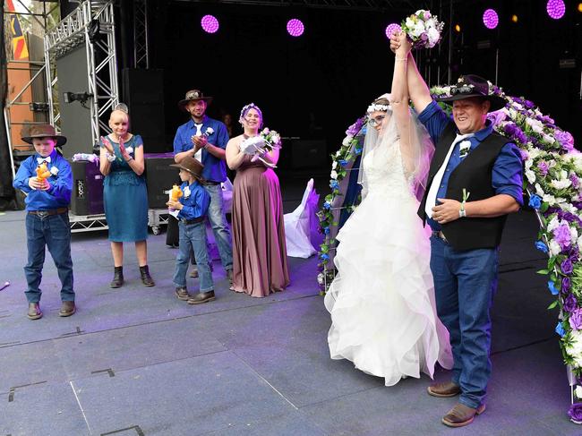 Simone Ward and Geoffrey Borninkhof, were married on The Hill Stage at Gympie Music Muster. Picture: Patrick Woods.