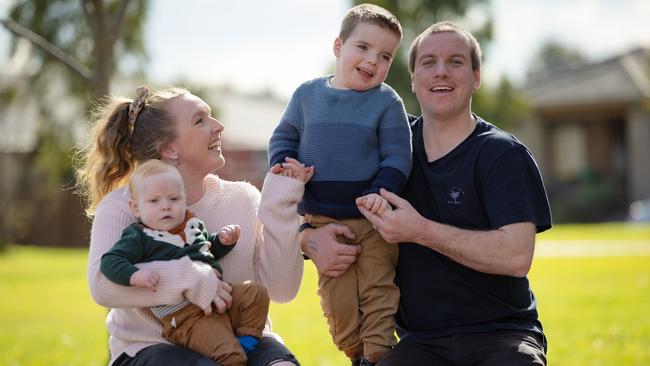 Karsha Trowbridge and Steve Trowbridge with Levi, 3 and Beau, 11 months. Picture: Jason Edwards