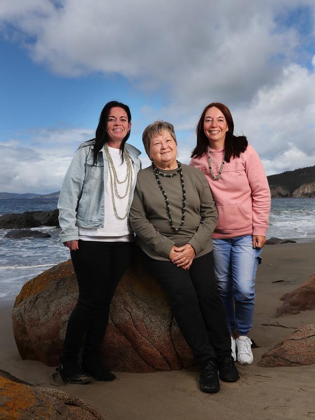 Aboriginal shell stringers Bec Woolley, Jeanette James and Emma Robertson. The work of all three women feature in an exhibition now showing at Bett Gallery in Hobart. Picture: Nikki Davis-Jones