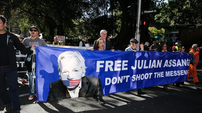 Stella Assange (dark red top) the wife of Julian leads a rally in support of his release. Picture: NCA Newswire / Gaye Gerard