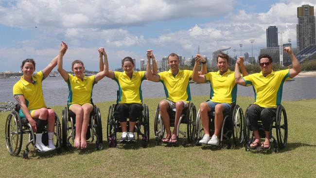 The Commonwealth Games para triathlete team: (from left) Emily Tapp, Sara Tait, Lauren Parker, Bill Chaffey, Nic Beveridge and Scott Crowley. Picture Mike Batterham