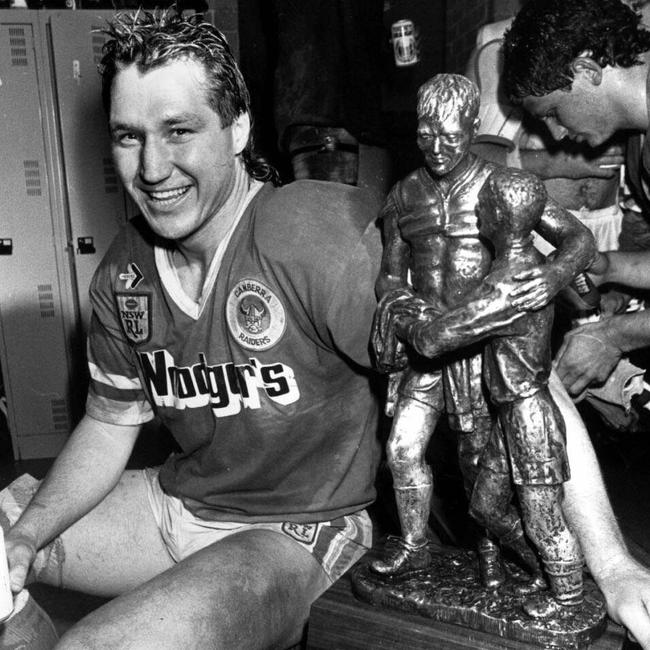 Steve Jackson after the grand final in 1989 with the Winfield Cup trophy.