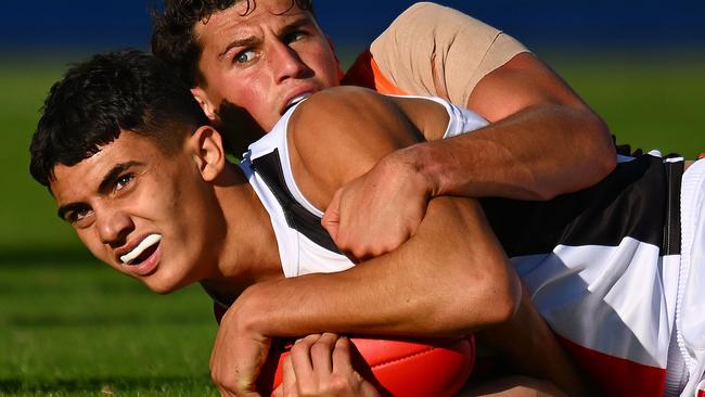 Impressive debutant Hugo Garcia is set to earn a spot in the Saints’ starting 22 against the Bulldogs after 11 disposals and seven tackles as the sub. Picture: Morgan Hancock / Getty Images