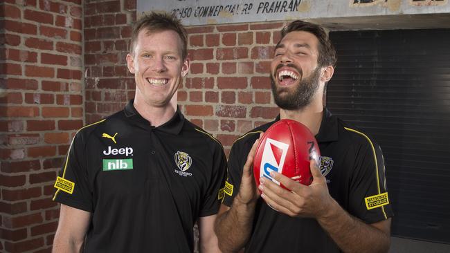 Jack Riewoldt and Alex Rance share a laugh at Punt Road Oval. Picture: Michael Klein.