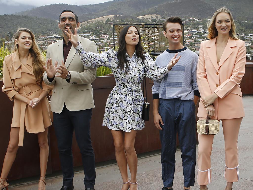 David Jones AW'19 Launch at MONA. Ambassadors Victoria Lee, Adam Goodes, Jess Gomes, Cameron Robbie and Gemma Ward greet guests on arrival. Picture: David Caird