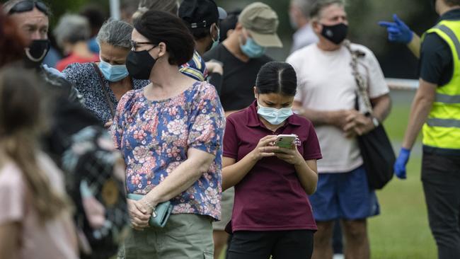 Cairns people queue for Covid tests at the testing facility on the Esplanade. Picture: Brian Cassey