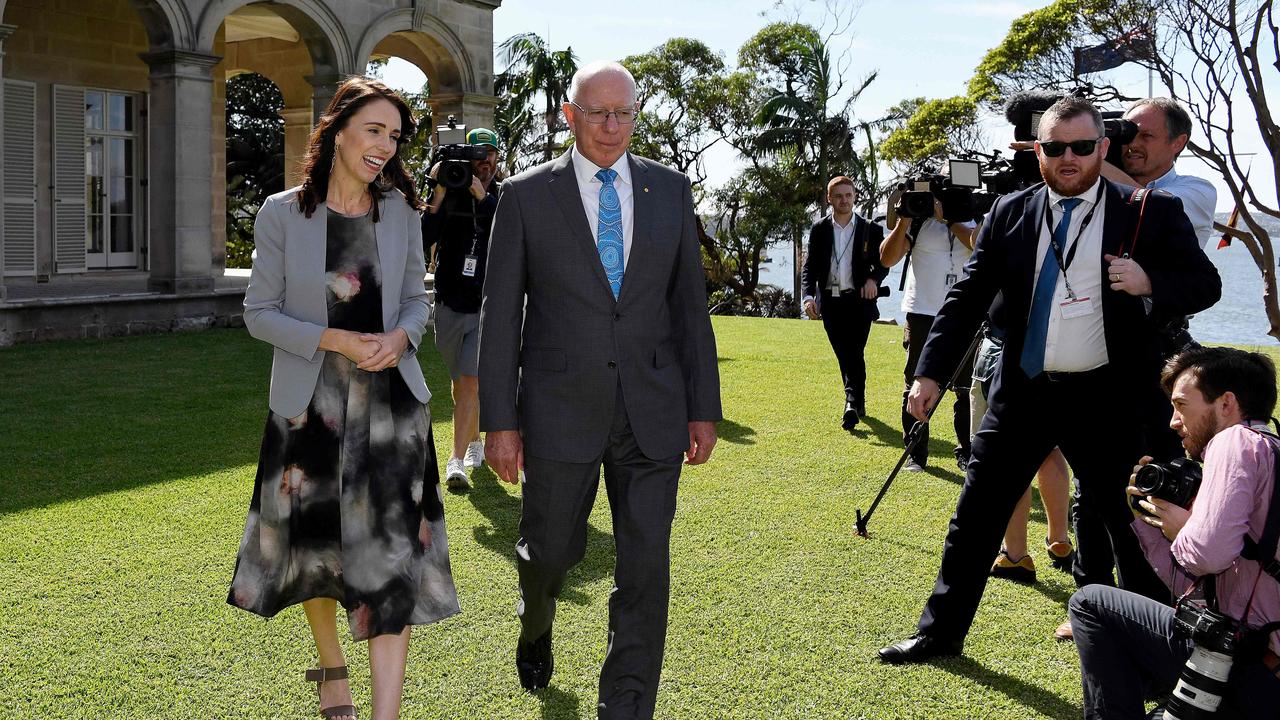 Australia's Governor-General David Hurley walks with New Zealand's Prime Minister Jacinda Ardern outside Admiralty House. Picture: Bianca De Marchi/AFP