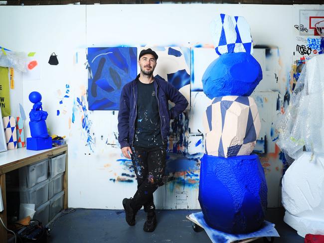 8/6/21: Elliott Routledge in his studio in Annandale with some his work. He is a sculptor participating in the Sydney Contemporary Arts Fair in September. John Feder/The Australian.