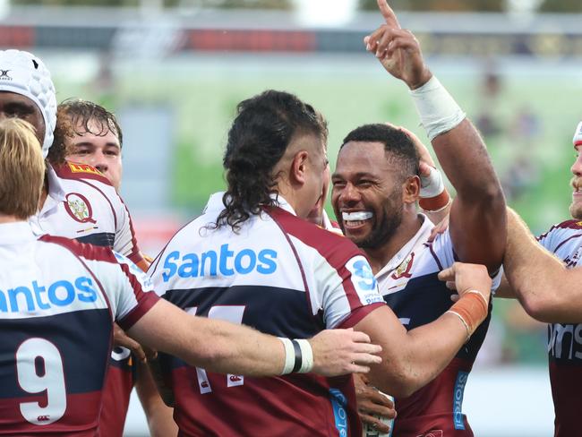 PERTH, AUSTRALIA - MARCH 01: Filipo Daugunu of the Reds celebrates a try during the round three Super Rugby Pacific match between Western Force and Queensland Reds at HBF Park, on March 01, 2025, in Perth, Australia. (Photo by Janelle St Pierre/Getty Images)