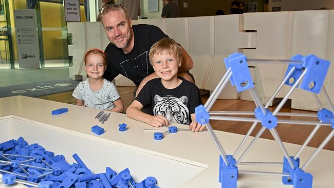 Sophia, 5, Tony and Isaac Mills, 8 at the Ipswich Art Gallery. Picture: Cordell Richardson