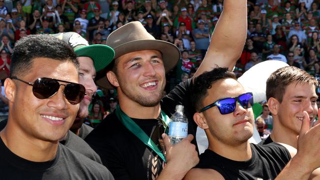 Kirisome Auva'a celebrating the grand final win with Clive Churchill medallist Sam Burgess and Dylan Walker. Picture Gregg Porteous