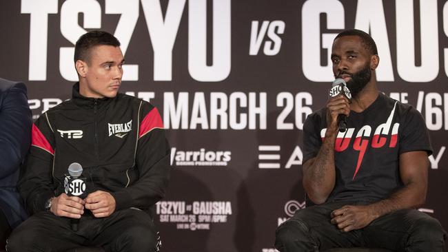 Tim Tszyu and Terrell Gausha come together for the final press conference before their March 26 fight in Minneapolis. Photo courtesy of No Limit Boxing.