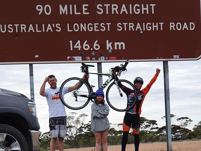 Daniel Fitzgerald with support crew Jamie and Izzy Symons on the Nullarbor Straight as part of Daniel’s Wheelin to the Mountains charity ride from Esperance, WA, to Omeo raising money for the Black Dog Institute.