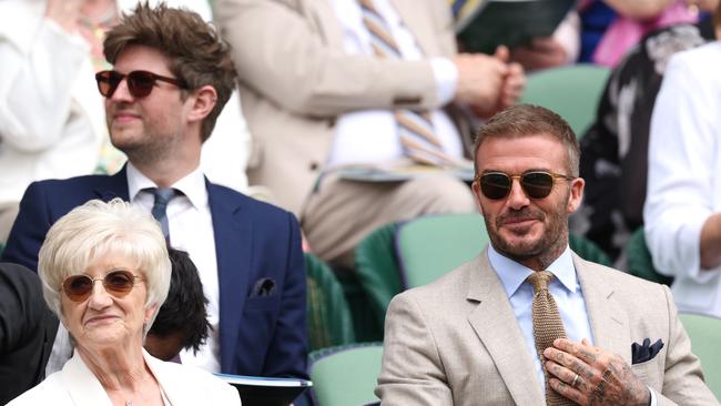 David Beckham and Sandra Beckham in the Royal Box for the first round match between Carlos Alcaraz of Spain and Dusan Lajovic of Serbia. Picture: Clive Brunskill/Getty Images