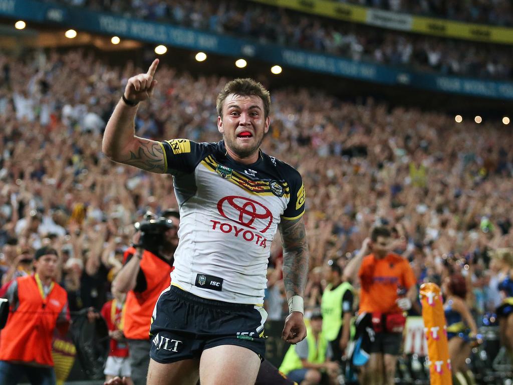 Cowboy's Kyle Feldt celebrates scoring a try to level the scores during the 2015 NRL Grand Final between the Brisbane Broncos and North Queensland Cowboys at ANZ Stadium. Picture. Phil Hillyard