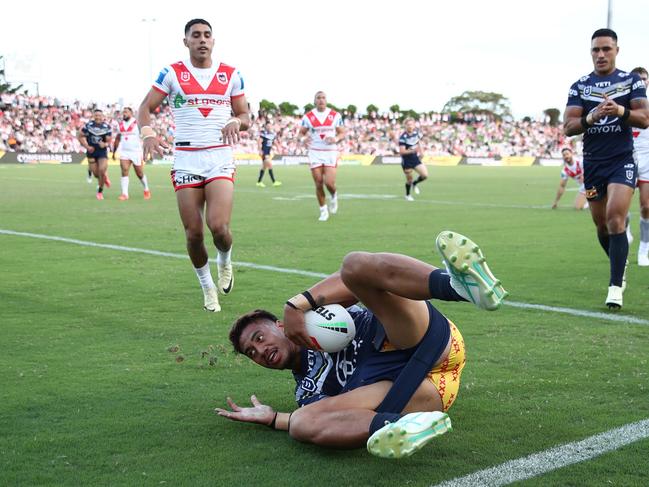 Murray Taulagi of the Cowboys scores a try. Picture: Getty Images