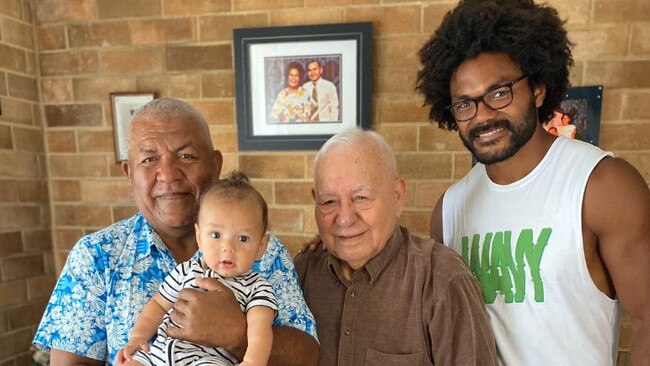 Henry Speight with (from left) father Samisoni, son Josefa and grandfather Sam. Photo: Henry Speight