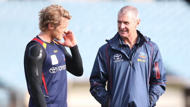 Phil Walsh, right, with Rory Sloane at Football Park in June, 2016. Picture: Stephen Laffer