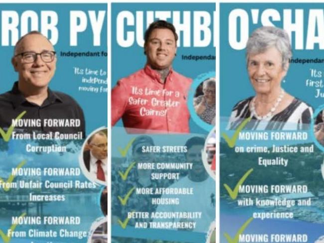 The ECQ took issue with campaign material that showed three council candidates – Rob Pyne, Shane Cuthbert and Pat O’Shane – presented as if they were running as the “independent dream team”. Ms O’Shane has since said she was no longer a candidate. Picture: Supplied