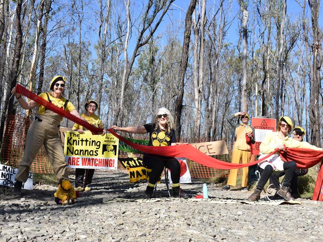 Lismore Knitting Nannas Louise Somerville, Felicity Cahill, Rosie Lee, Margaret Scheidler, Dot Moller and Jally Hawthorn at a protest against logging in the Myrtle Creek State Forest, south of Casino.