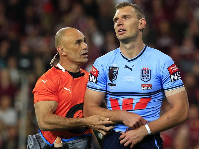 Tom Trbojevic injured during Game 2 of the State of Origin 2023, Queensland V NSW at Suncorp Stadium in Brisbane. Pics Adam Head