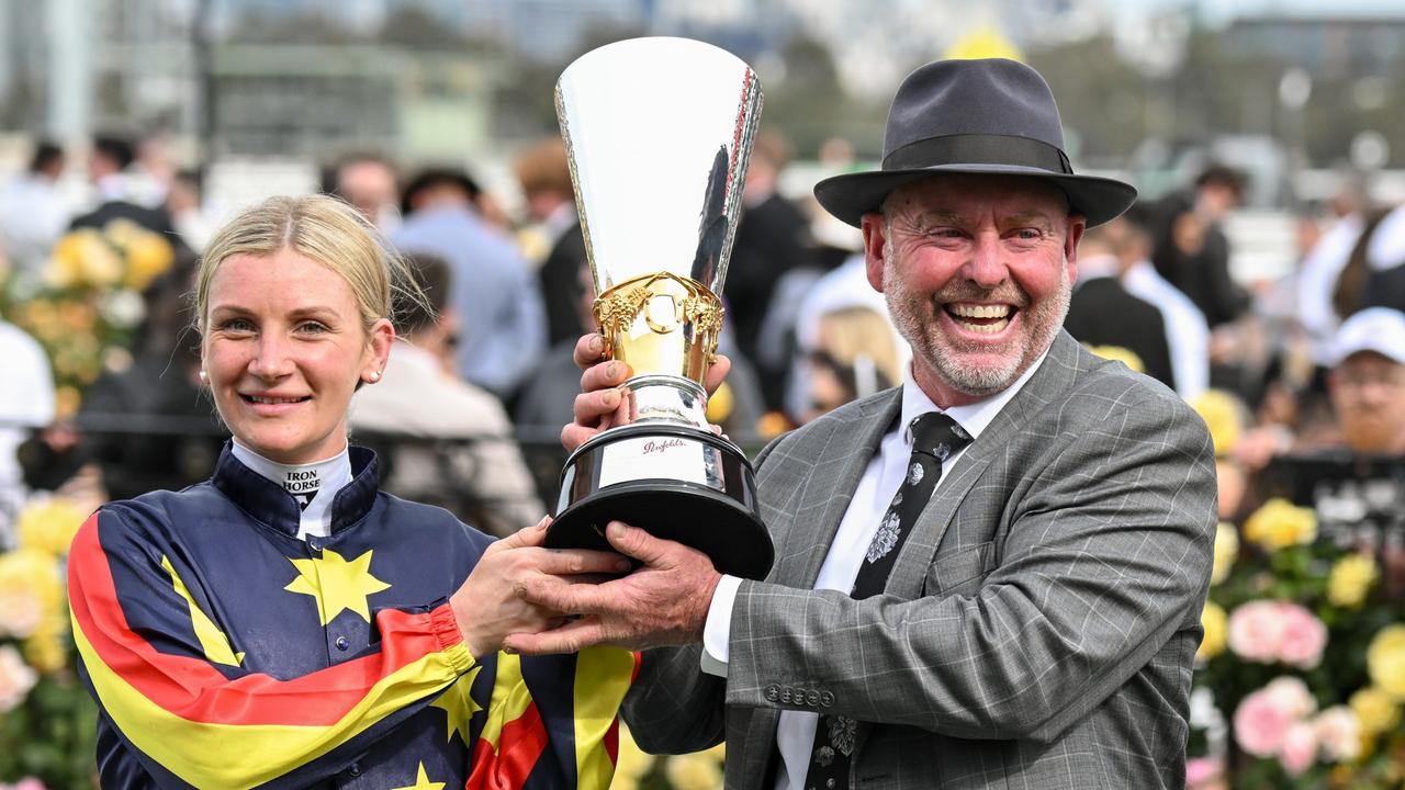 Jamie Kah and Andrew Gluyas after Goldrush Guru won the Victoria Derby Picture: George Sal/Racing Photos via Getty Images