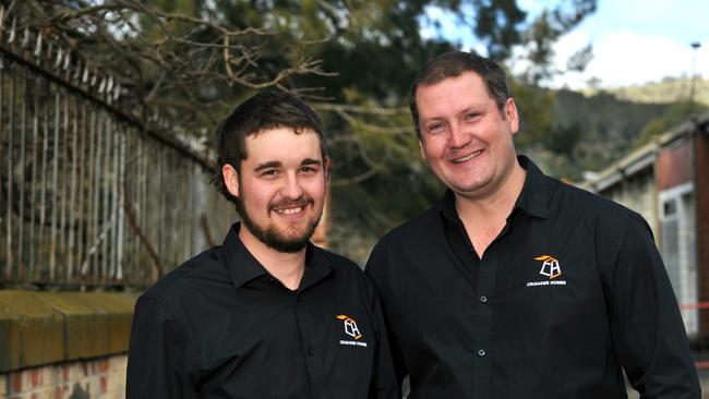 Justin Derksen from Crusader Homes which has been nominated as a finalist in this year’s Telstra Tasmanian Business Awards with apprentice Thomas Rowlands 22. Picture: FIONA HARDING